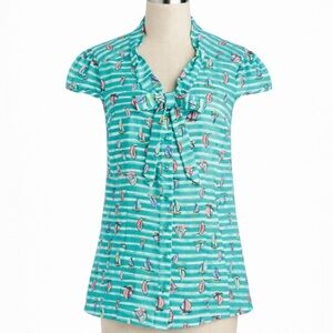 ModCloth Aqua Blue & White Stripe Sailboat Print Button Up Tie Blouse